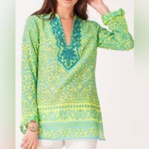 Hale Bob Cabana Tunic Top Blouse Green Teal Blue Size Small Silk/Cotton